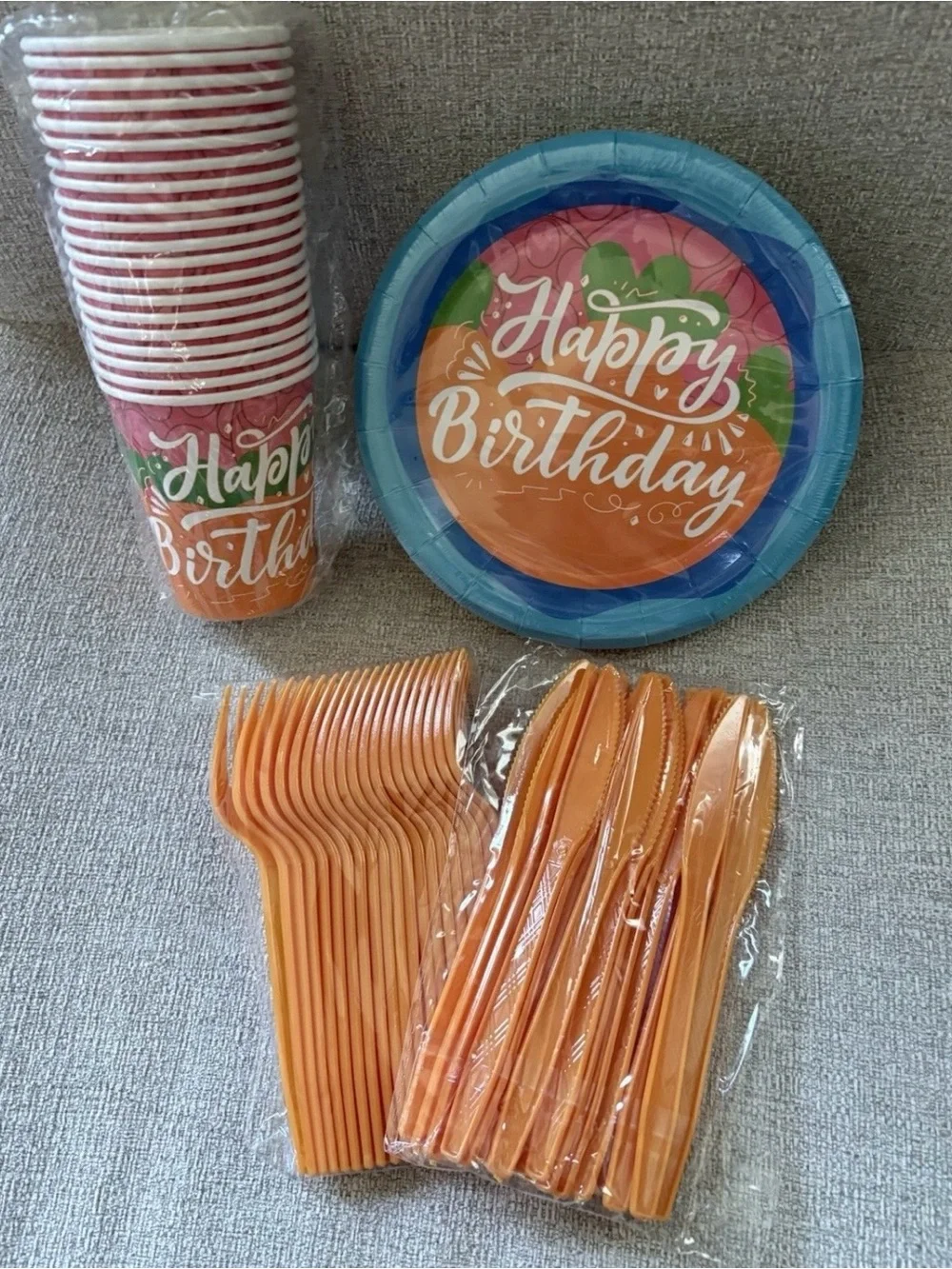 Happy Birthday Orange Party Tableware Set - Plates, Cups & Utensils